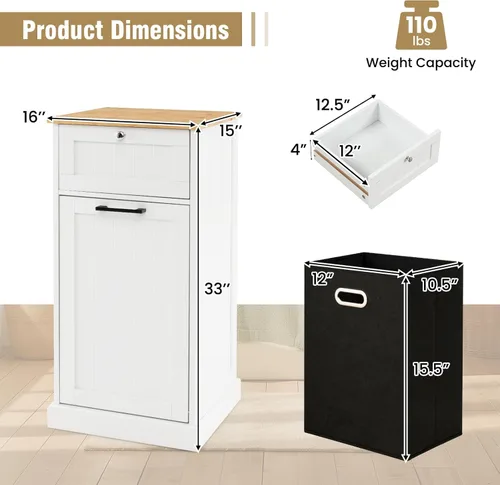 Vista 2 de Giantex Gabinete de cesta de lavandería inclinable, gabinete de almacenamiento de baño con cajón, cesta de lavandería extraíble, encimera de bambú