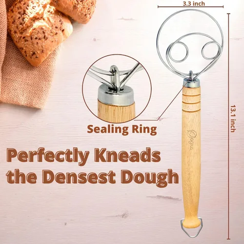 Vista 4 de Juego de batidor de masa danés y pan cojo para panaderos - Herramientas para hacer pastelería y pan - Batidor de harina con mango de madera de 13.5