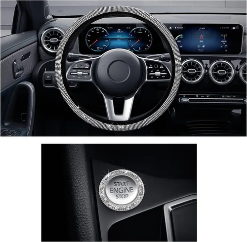 Vista 10 de Ziciner - Funda para volante de coche brillante, protector de rueda con diamantes de imitación y cristal para vehículo, accesorios decorativos