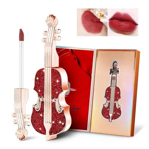 Vista 2 de Lápiz labial mate de larga duración en rojo aterciopelado, diseño único de apariencia de violín, pintalabios líquidos impermeables y duraderos