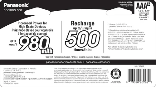 Vista 2 de Eneloop Panasonic BK-4HCCA12FA pro AAA Baterías recargables precargadas Ni-MH de alta capacidad, paquete de 12