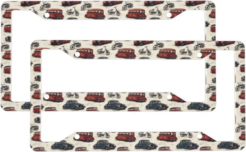 2 Pcs Car License Plate Frames for Women Men - Vintage Car Print Solid Aluminum License Plate Cover for Car Accessories for Women Men with Screws