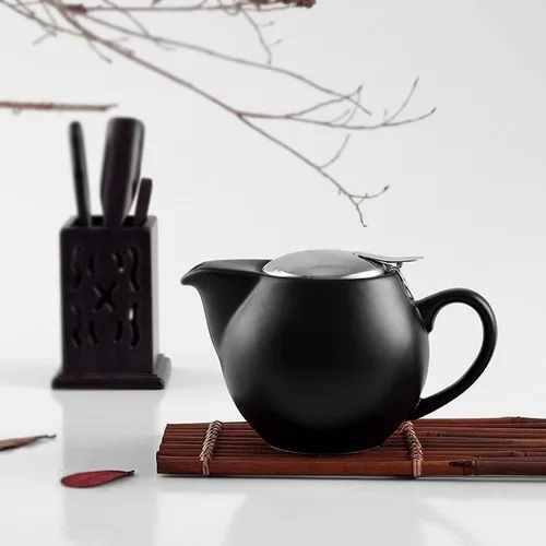 Tetera de cerámica de 11.8 fl oz, tapa de acero inoxidable e infusor extrafino para preparar té de hojas sueltas, termoestabilidad, color puro Negro