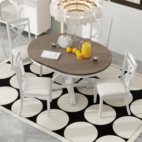 Vista 3 de Juego de mesa de comedor de 5 piezas, mesa redonda extensible funcional retro y 4 sillas tapizadas para comedor, sala de estar, marrón + blanco