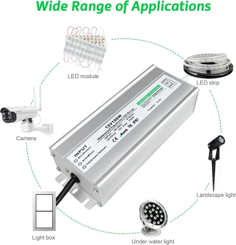 Vista 7 de Fuente de alimentación LED de 12 V 100 W, controlador LED IP67 impermeable, transformador LED con enchufe de 3.3 pies de cable para luz LED