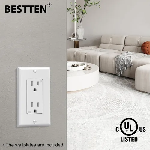 Vista 8 de BESTTEN Toma de corriente decorativa resistente a manipulaciones de 15 amperios, uso residencial y comercial, placa de pared incluida