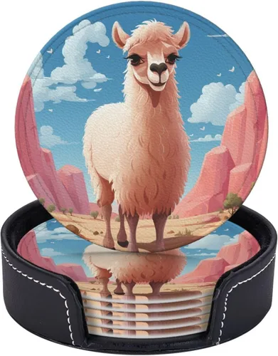 6 Pcs Camel Drink Coasters with Holder Leather Coaster Coffee Cup Pad Drinking Cup Mat Set Coffee Table Drinks Coasters for Modern Home Decor,4
