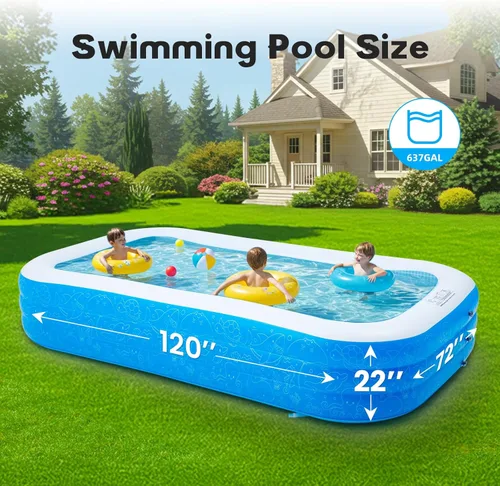 Vista 2 de Piscina inflable para niños, piscina familiar rectangular de 120 x 72 x 22 pulgadas, material de PVC duradero, piscina inflable para niños