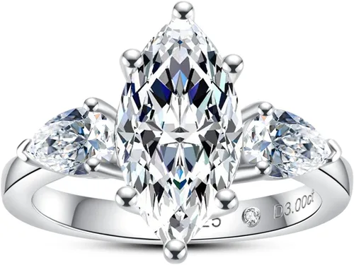 AnuClub Round/Emerald/Marquise Cut Moissanite 3 Stones Engagement Rings D Color VVS1 Round Cut 925 Sterling Silver Anniversary Wedding Promise Rings
