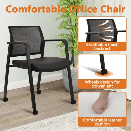 Vista 4 de CLATINA Silla de oficina apilable con ruedas, respaldo de malla, sillas de invitados con brazos, cómodo cojín de cuero, silla de escritorio apilable