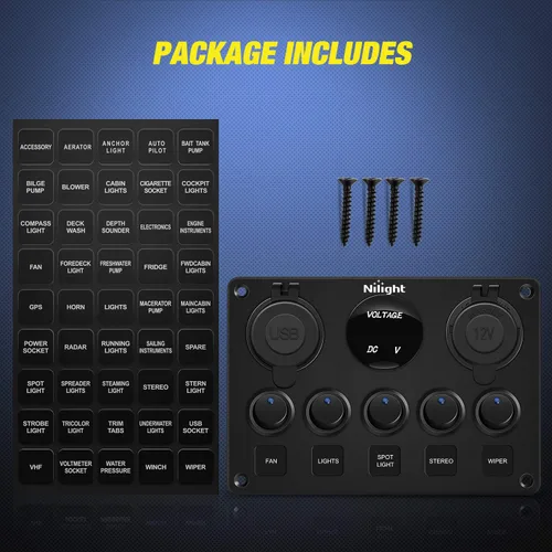 Vista 6 de Nilight 90101E - Cargador USB dual de 5 bandas multifunción basculante + volímetro digital + salida de 12 V, panel de interruptores precableado