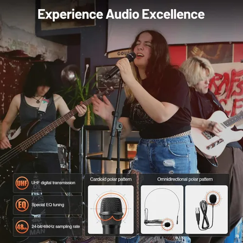 Vista 2 de MELONARE Sistema de micrófono inalámbrico de 4 canales, juego de micrófono inalámbrico UHF con frecuencias de 4x10, 200 pies, 2 micrófonos dinámicos