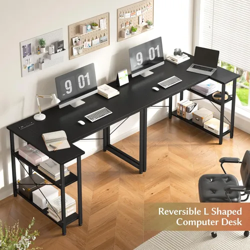 Vista 5 de EnHomee Escritorio pequeño para computadora con estantes de almacenamiento y bolsa lateral, escritorio de juegos en forma de L de 40 pulgadas
