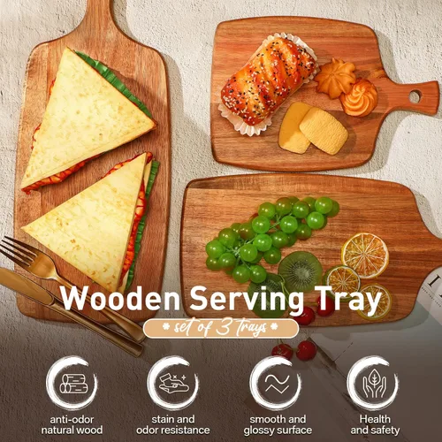 Vista 4 de Kathfly 3 tablas de cortar de madera de acacia con mango láser de madera para servir charcutería para verduras, carne, pizza, queso, pan de frutas