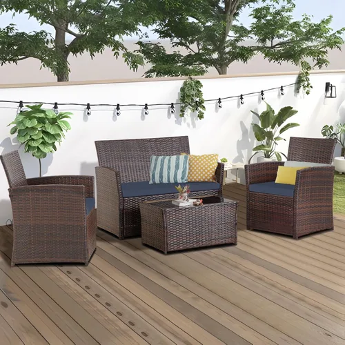 Vista 7 de FHFO Juego de muebles de patio al aire libre de 4 piezas, juego de sofá seccional de muebles de patio de conversación, mesa y sillas de ratán y sofá