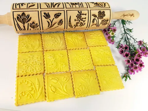 Vista 6 de SPRING FLOWERS Embossing Rolling Pin with 16 Different Flowers in Squares. Dough and Clay Roller for Embossed Cookies and Pottery. Cookie and