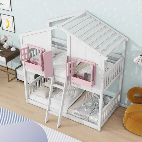 Vista 216 de Cama de casa de tamaño individual con elegantes ventanas y estantería, litera con diseño de castillo de madera con barandillas de seguridad
