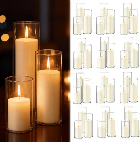 Vista 12 de Homjoy 12 piezas de velas de pilar blancas con portavelas de vidrio transparentes, portavelas tipo huracán, jarrones cilíndricos de vidrio
