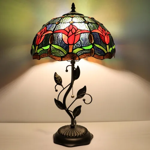 Vista 6 de Tiffany Lamp Red Tulip Style Stained Glass Table Lamp Desk Bedside Reading Light 12X12X19 Inches with Metal Leaf Base