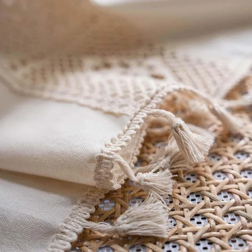 Vista 7 de Elegante cortina de ventana de encaje blanco crema con ojales, estilo bohemio, a cuadros, con borlas, bolsillo para barra de algodón y lino