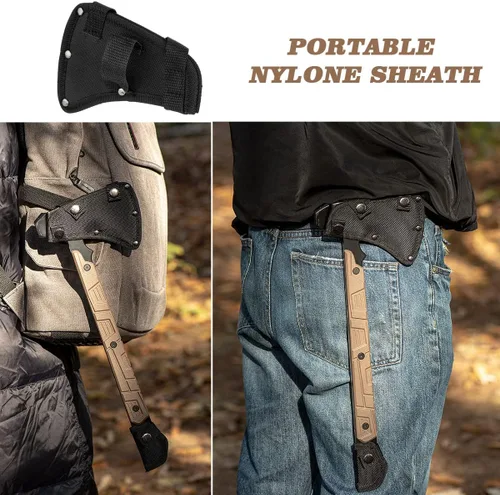 Vista 5 de Hacha de campamento de espiga completa de 17.5 pulgadas con funda de nailon, hacha táctica y de supervivencia con martillo para lanzar hachas