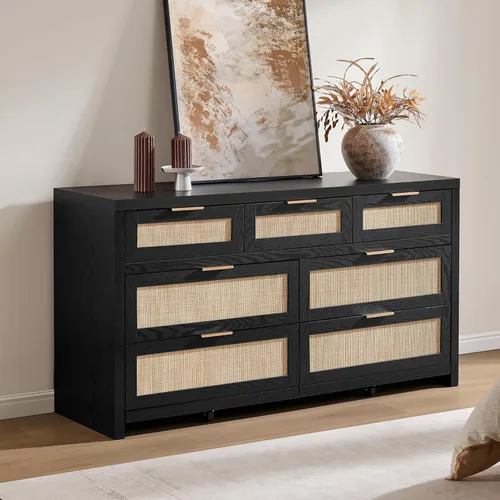 Vista 4 de SICOTAS Cómoda de 7 cajones para dormitorio, cómodas de ratán de 57" de ancho, cómoda grande con cajones para dormitorio, cómoda soporte de TV