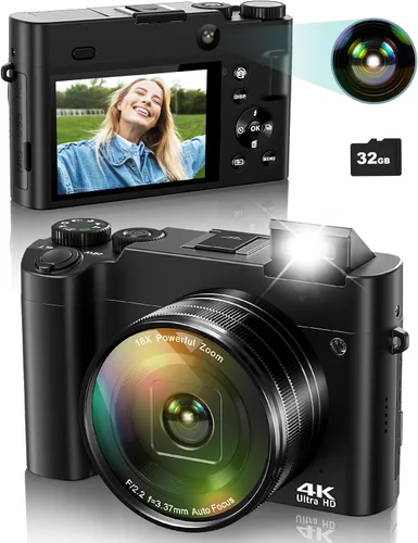 Cámara digital 4K para fotografía, cámara de video de enfoque automático de 64 MP para YouTube con lente selfie, cámara de video compacta de viaje