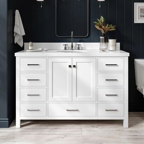 Vista 27 de ARIEL Cambridge tocador de baño con fregadero, madera maciza, encimera y protector contra salpicaduras de cuarzo blanco puro de 1.5 pulgadas