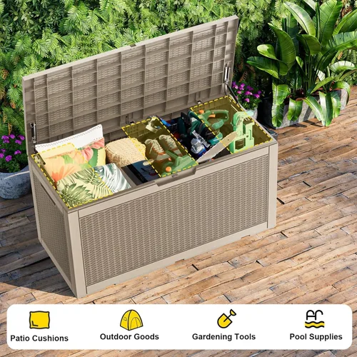 Vista 135 de DRATO Cajas de terraza, caja de almacenamiento al aire libre de 30 galones para cojín de patio, herramientas de jardín, impermeable y resistente a
