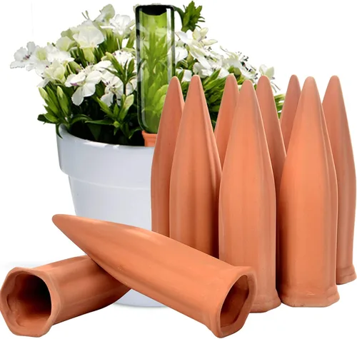 B SEPOR Regadera de cerámica para plantas de terracota con picos de autorriego para vacaciones o vacaciones (paquete de 10)