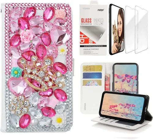 Vista 7 de STENES Bling - Funda tipo cartera compatible con iPod Touch de 7ª generación (2019), elegante, hecha a mano, 3D, diseño de flores de mariposa rosa