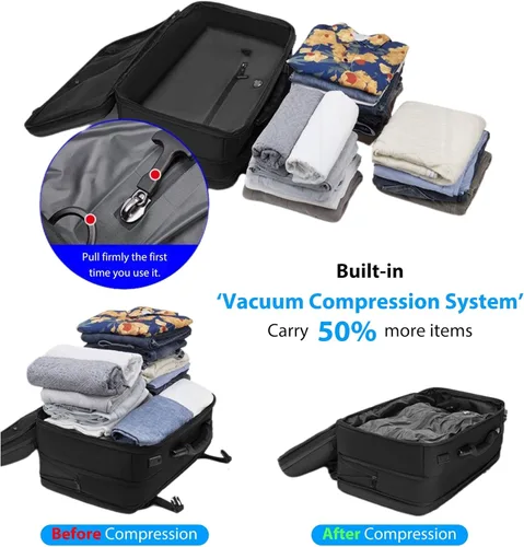 Vista 2 de Mochila de viaje al vacío, mochila de vacío de aire expandible de 70 L para viajes, bolsas de vacío de viaje Vacpack con bomba, bloqueo TSA, puerto