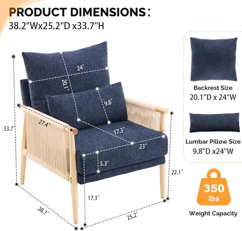 Vista 2 de VINGLI Sillón de Acento Bohemio con Trenza, Silla Moderna de Mediados de Siglo con Reposabrazos de Madera Maciza, Cómoda Silla de Cojín de Salón