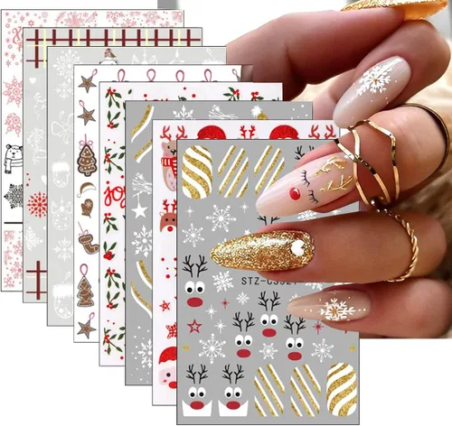Vista 32 de 8 hojas de calcomanías de uñas de Navidad, copos de nieve 5D en relieve, copos de nieve blancos, árbol, alce, Navidad, invierno, diseño de copos