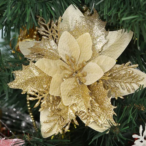 Vista 10 de 12 piezas de flores de Pascua artificiales de Navidad con clips y tallos, decoraciones de Navidad con purpurina para adornos de árbol de Navidad
