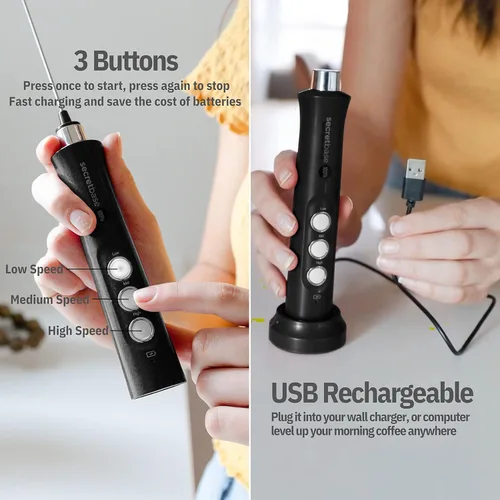 Vista 2 de Batidora espumadora recargable, jarra y base de carga, espumador eléctrico de leche de 3 velocidades de mano, incluye taza, espumador para café