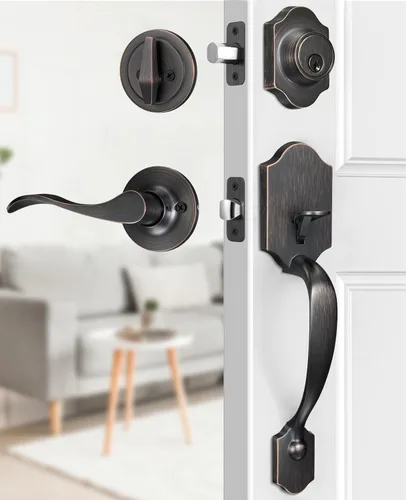 Vista 11 de Brightify - Manija de puerta delantera de bronce aceitado, manija de puerta exterior de bronce aceitado con palanca de puerta, juego de cerradura