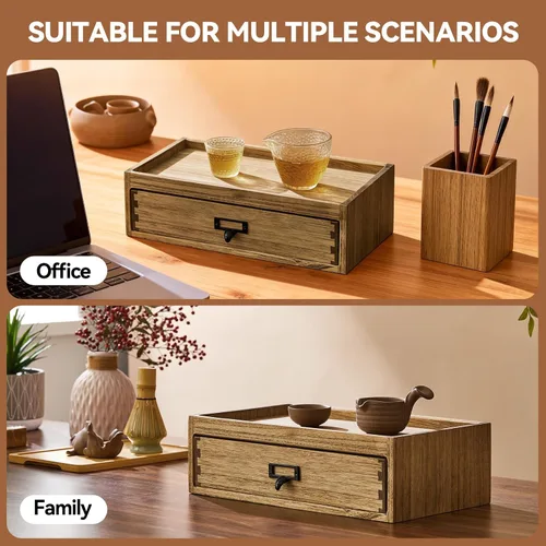 Vista 6 de KIRIGEN Caja de almacenamiento de té de madera maciza de Paulownia con 8 compartimentos, gabinete de té de madera hecho a mano con mango de metal