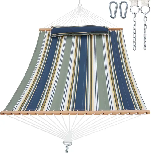 Vista 6 de Gafete Hamacas para 2 personas de 12 pies para exteriores, hamaca de tela doble acolchada para exteriores con barra separadora, almohada extraíble