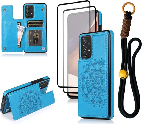 Funda tipo cartera para Galaxy A52 (5G) de 6.5 pulgadas con tarjetero, diseño de mandala en relieve de piel sintética con doble cierre magnético,
