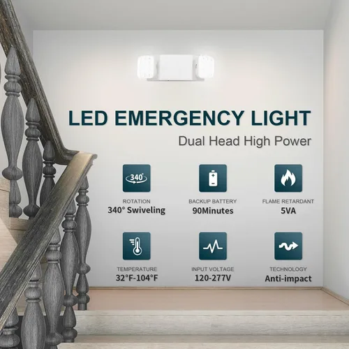 Vista 2 de Luces LED de emergencia, luces de emergencia comerciales ajustables de dos cabezales para negocios, cortes de energía, con batería de respaldo