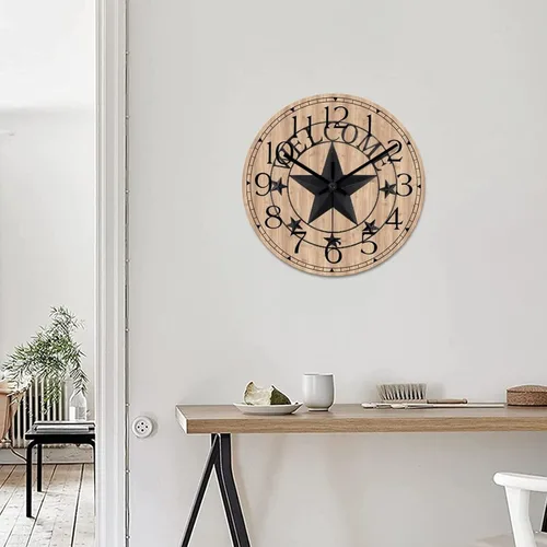 Vista 5 de Reloj de pared redondo de estilo rústico con estrella de Texas occidental, reloj de madera, silencioso, sin tictac, funciona con pilas, con números