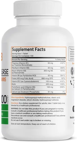 Vista 14 de Bronson Complejo de vitamina B Super B de liberación lenta sostenida (vitamina B1, B2, B3, B6, B9 - ácido fólico, B12) contiene todas las vitaminas