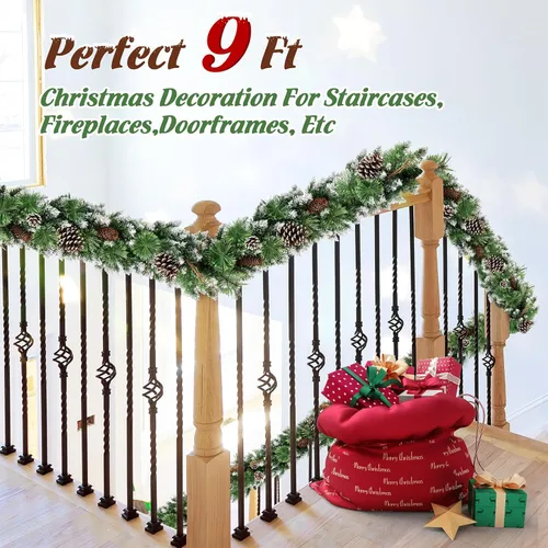 Vista 5 de Jin&Bao Guirnalda de Navidad de 9 pies con luces, 100 LED preiliminada guirnalda de pino nevado verde, decoraciones de Navidad con función