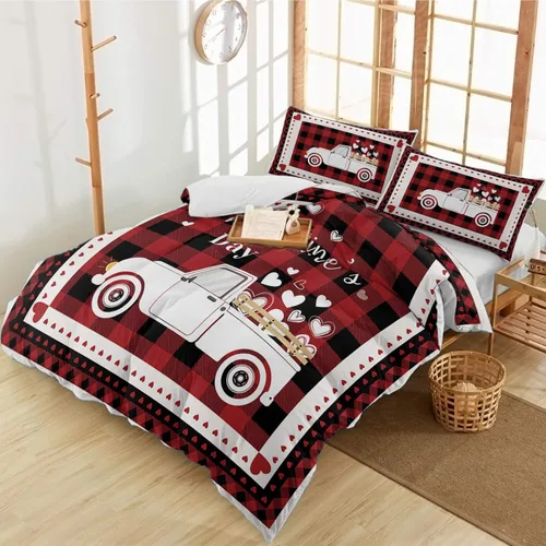 Chucoco 3 Pieces Cali King Bedding Duvet Covers Set Valentines White Truck with Love Heart on Classic Buffalo Soft Quilt Cover and Pillow