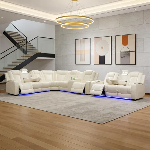 Vista 39 de Juego de sofá modular reclinable eléctrico para sala de estar, juego de sofá reclinable de cuero con luces LED / almacenamiento oculto, sofá