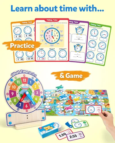 Vista 2 de Reloj de madera Coogam para enseñar el tiempo, juguete de reloj analógico digital con tablero de contar el tiempo, juego de mesa, juguete educativo