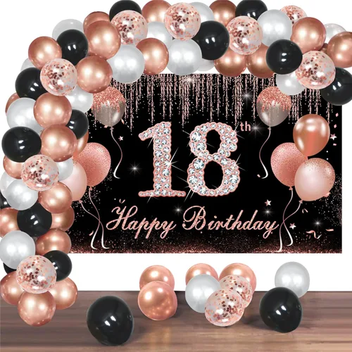 Decoraciones de cumpleaños número 18 para niñas, telón de fondo de feliz cumpleaños 18 de color oro rosa y negro con confeti globo arco guirnalda