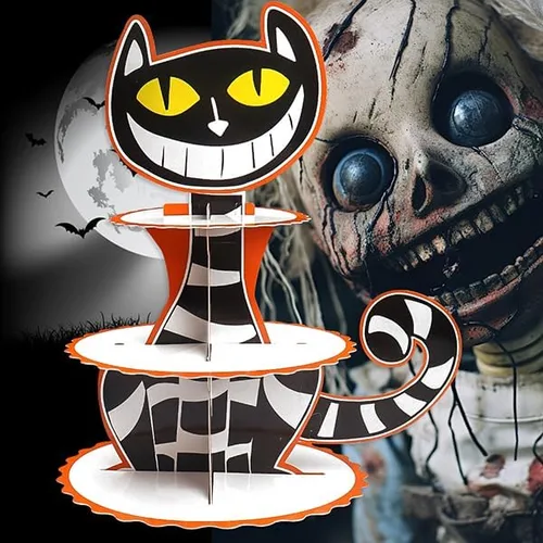 Vista 7 de Soporte para cupcakes de Halloween de 3 niveles para mesa de postre, torre de cupcakes de gato de Halloween, bandeja de Halloween, bandeja de cartón