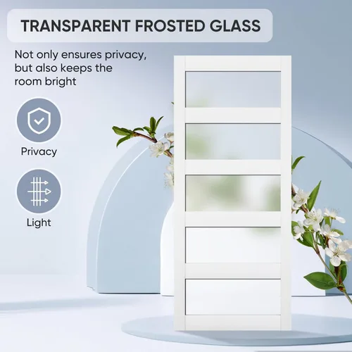 Vista 6 de BARNSMITH Puerta de granero de vidrio de 32 x 84 pulgadas con herrajes para puerta corrediza de níquel cepillado de 5.5 pies incluidos y asa, Blanco